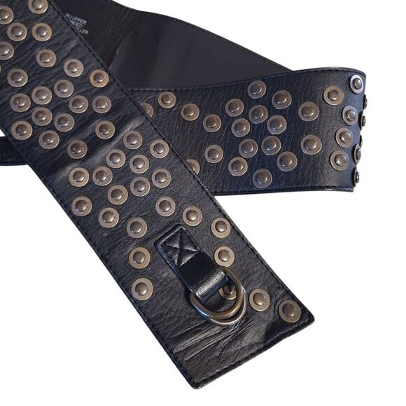 VTG Y2K Black Faux Leather Studded 3" Wide Grunge Belt Size Medium - Picture 3 of 15